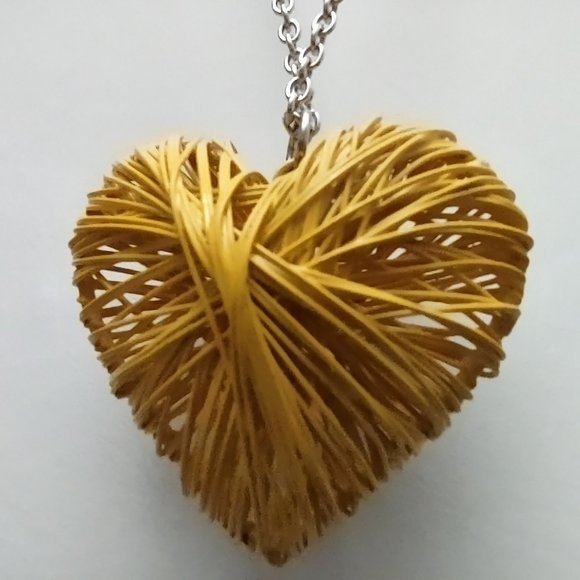 Yellow Enamel Paint Coated Wire Puff Heart Pendant and 32 - 34" Chain - Picture 4 of 5